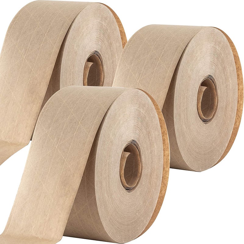 PHYXOLOGY SUPPLY Ultra Durable Water-Activated Tape for Secure Packing 3Pk. 2.75 in, 450 Ft Brown Kraft Gum Tape Provides Heavy Duty Adhesive for Packaging and Shipping. Fiberglass Reinforced for Extra Strong Bond. - Image 1